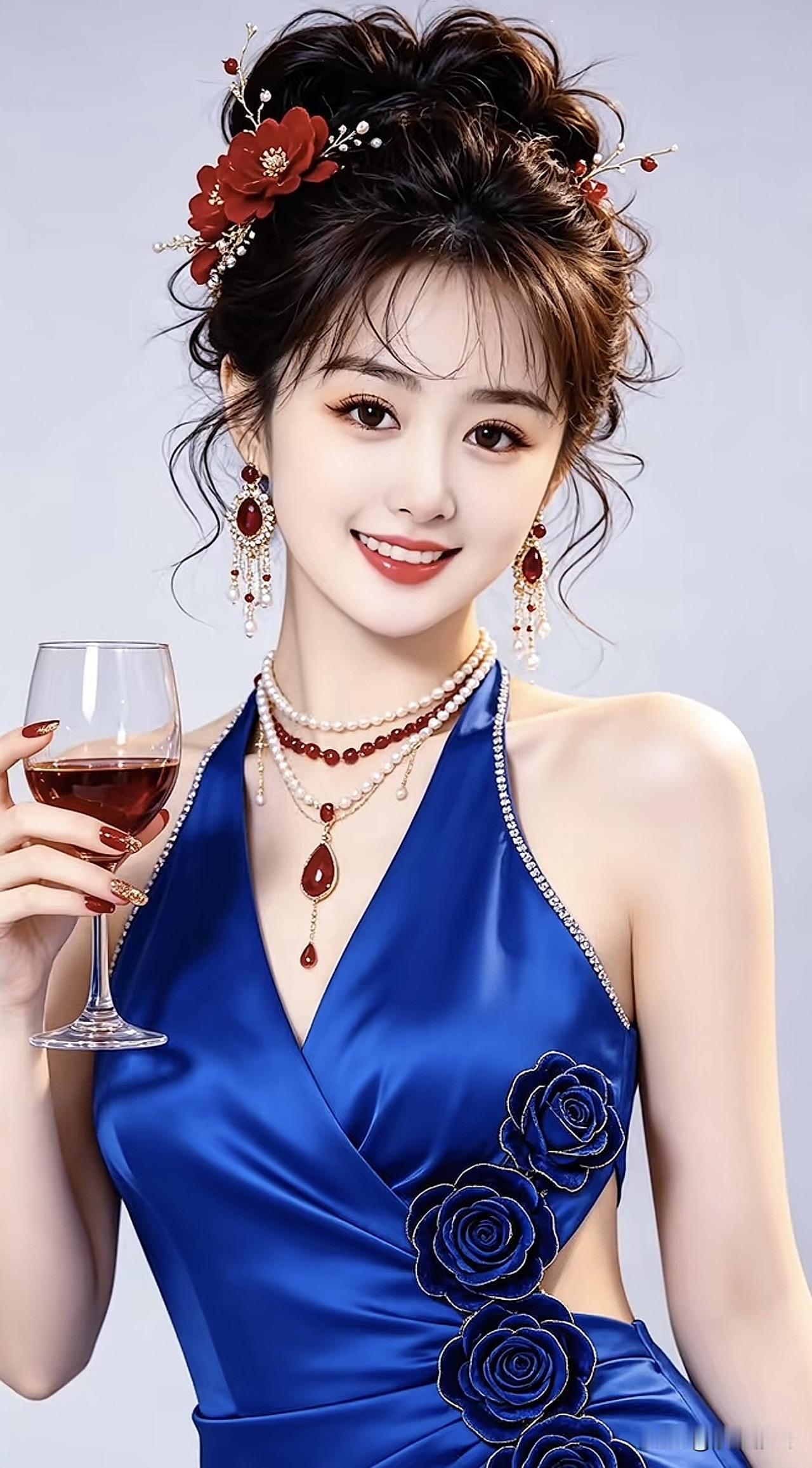 优雅蓝裙，玫瑰点缀，酒杯相伴，尽显东方韵味淡雅蓝裙照 梦幻蓝裙造型 无袖蓝裙 梦