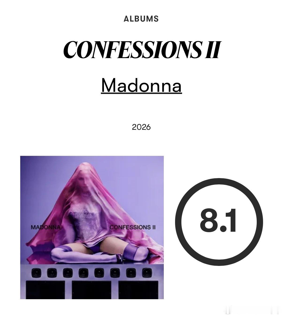 麦当娜全新专辑《CONFESSIONS II》在Pitchfork网站斩获8.1