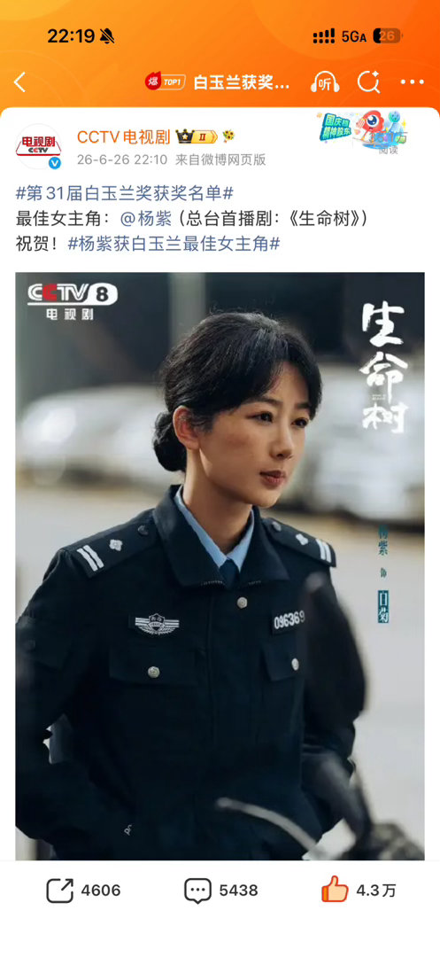 杨紫白玉兰视后恭喜杨紫 