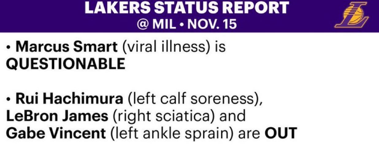 湖人对阵雄鹿伤病报告： 斯玛特（病毒性疾病）：出战成疑八村垒（左小腿酸痛）、詹姆