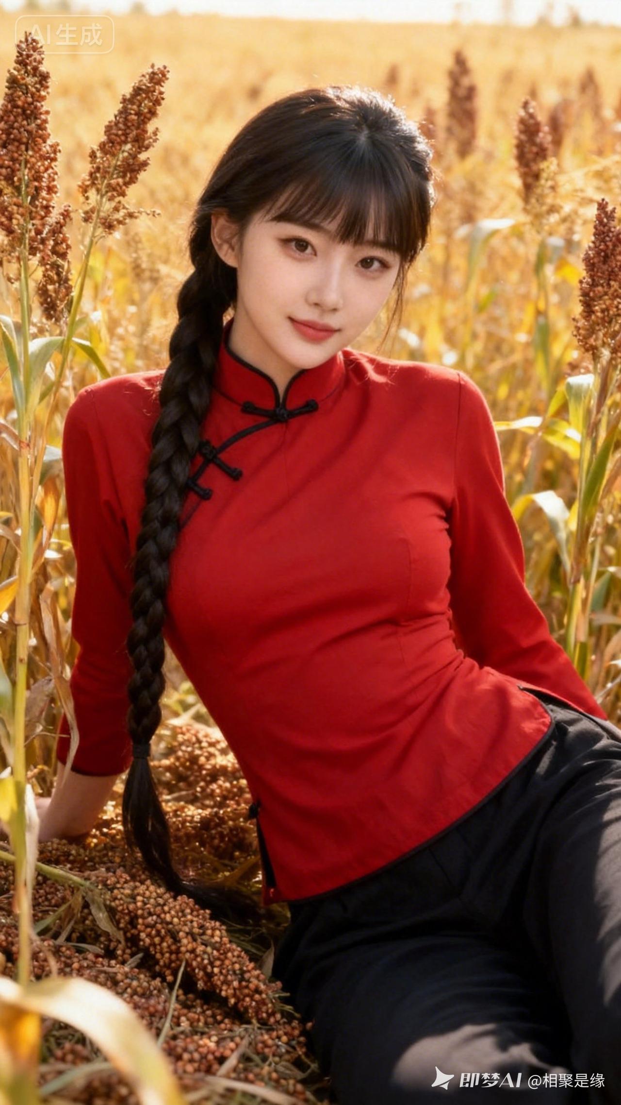 红衣少女与稻田的浪漫邂逅🌾💕
