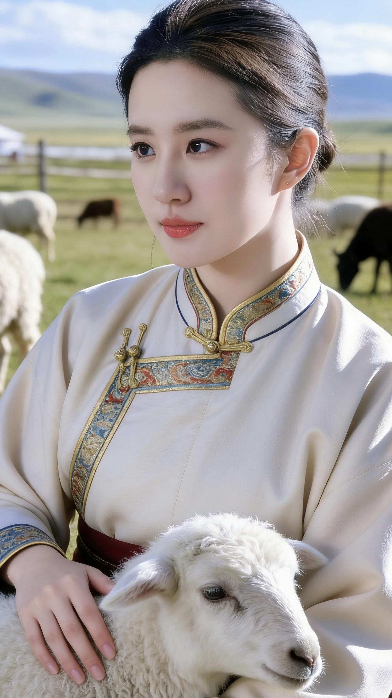 我坐在草原的暖阳里，指尖抚过怀里小羊蓬松的绒毛，它温驯地蹭着我的膝头，鼻息带着青