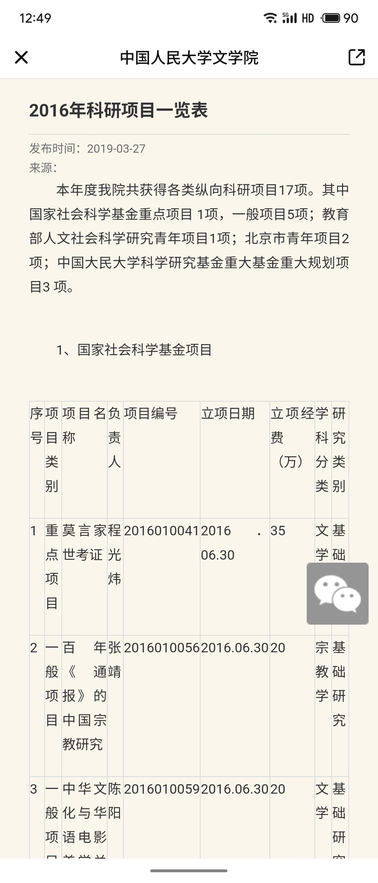 《莫言家世考证》为人大程光炜教授主持的国家社科基金重点项目，2016年立项、经费