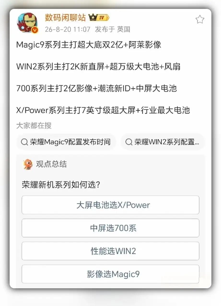 手机内卷天花板被荣耀拿捏，直接造出多款差异化新机！
影像党首选Magic9系列，