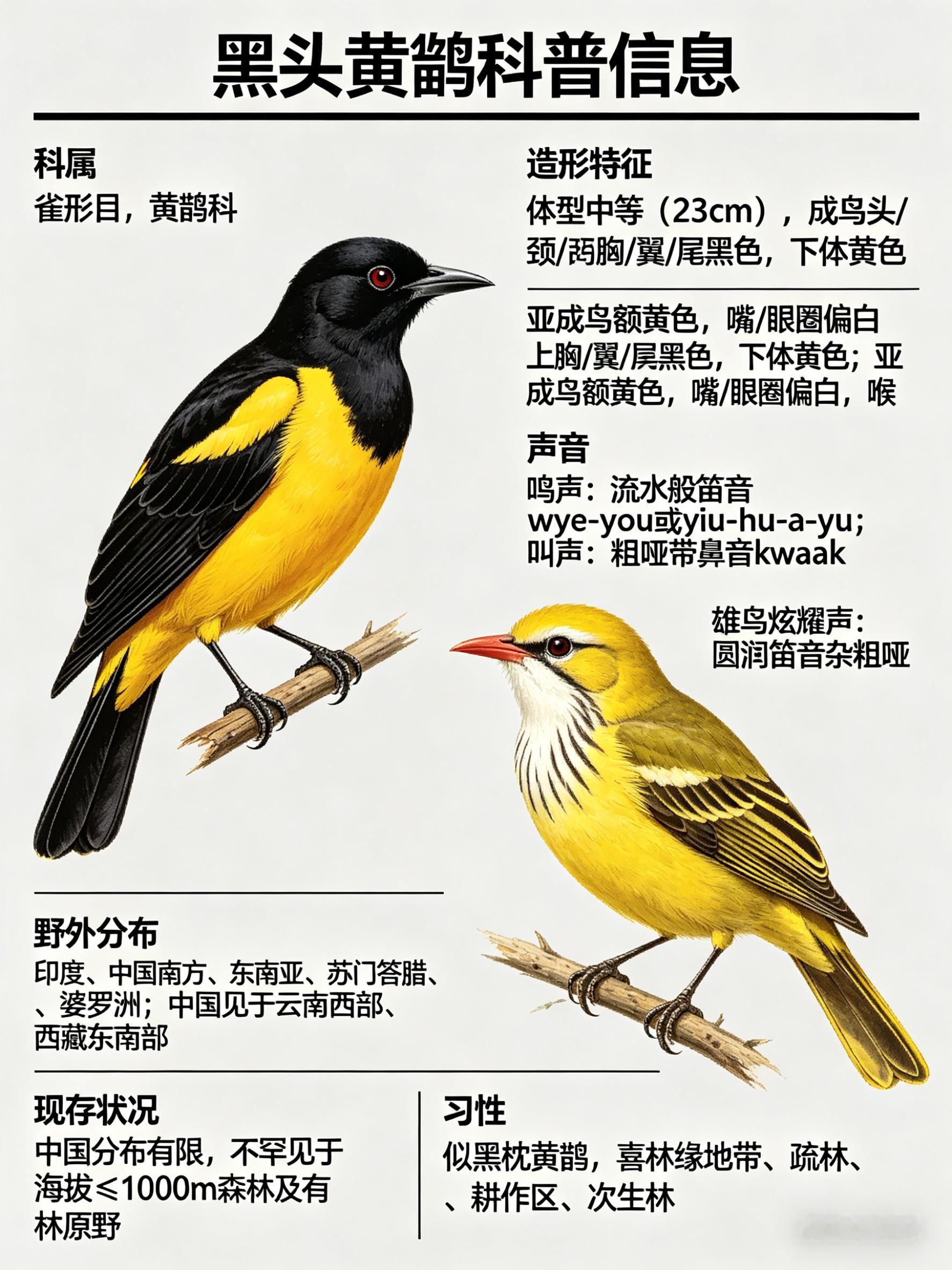 鸟类朋友图鉴 黑头黄鹂·科属：雀形目，黄鹂科。·外形特征：体型中等（23cm），