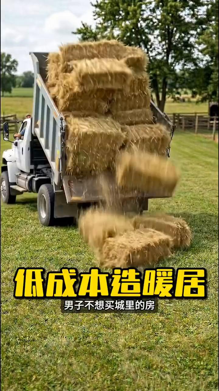 低成本造暖居。
谁能想到男子不想买城里的房，干脆隐居野外，只用普通的稻草卷徒手搭