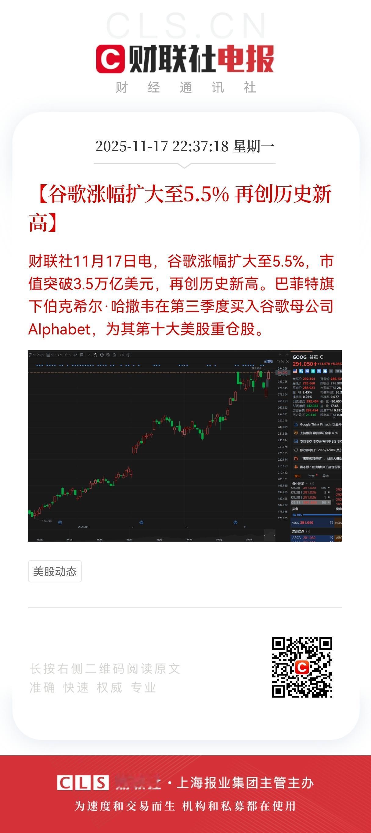 重磅消息！重磅消息！巴大佬的伯克希尔三季度刚把Alphabet买成第十大重仓股，