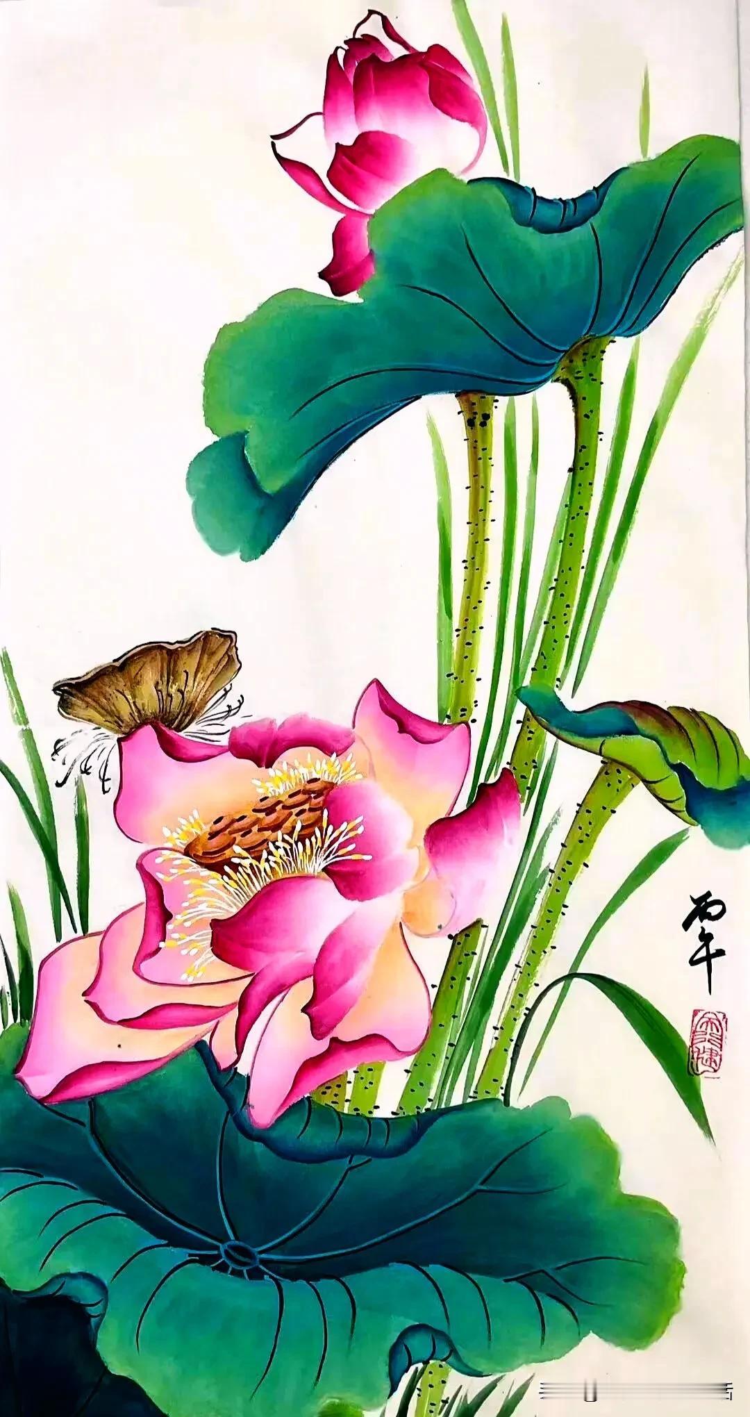 翠叶红荷映碧波，蝴蝶翩翩舞芳姿。
