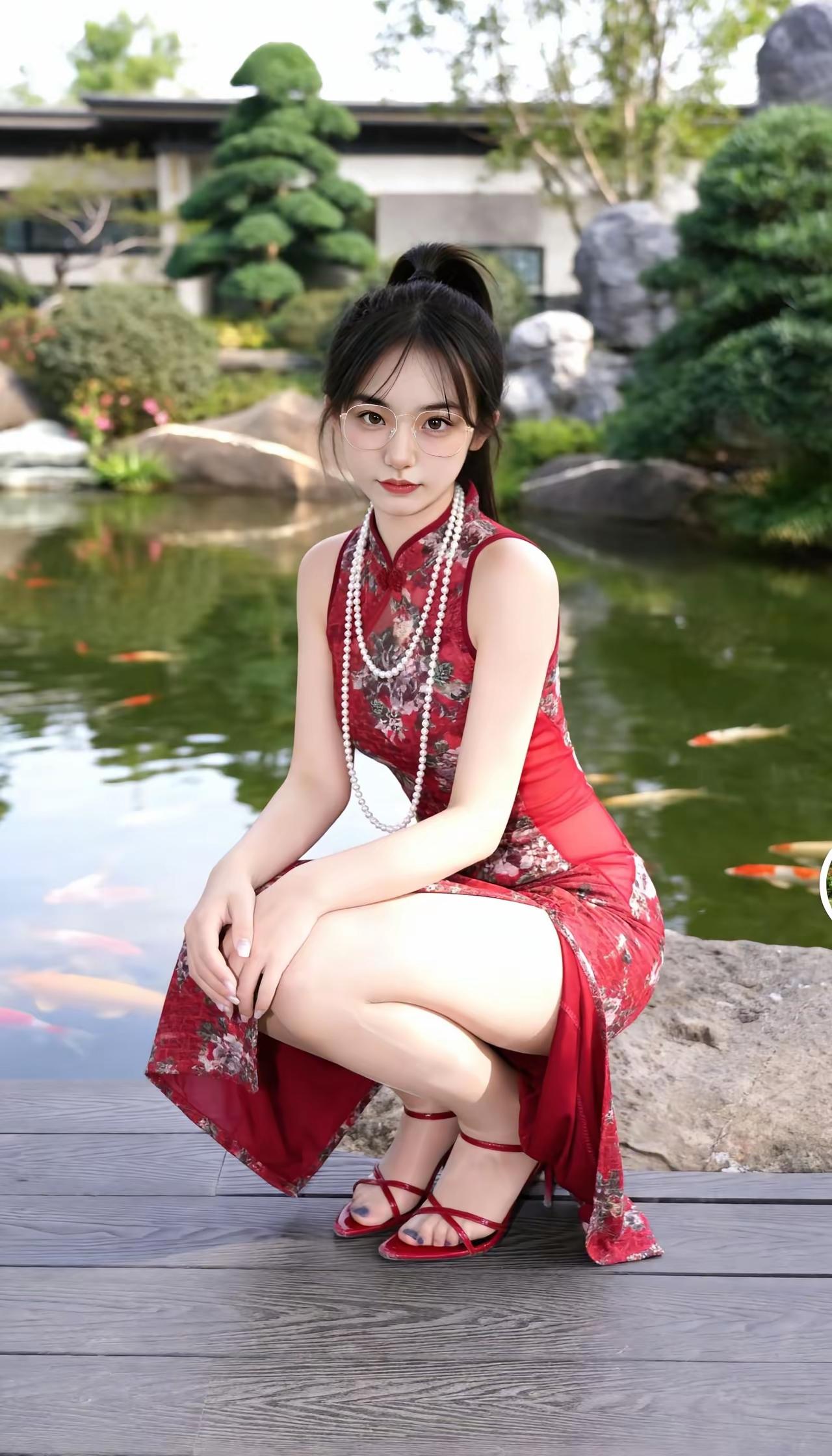 红衣少女坐湖边，鱼儿戏水乐陶陶。