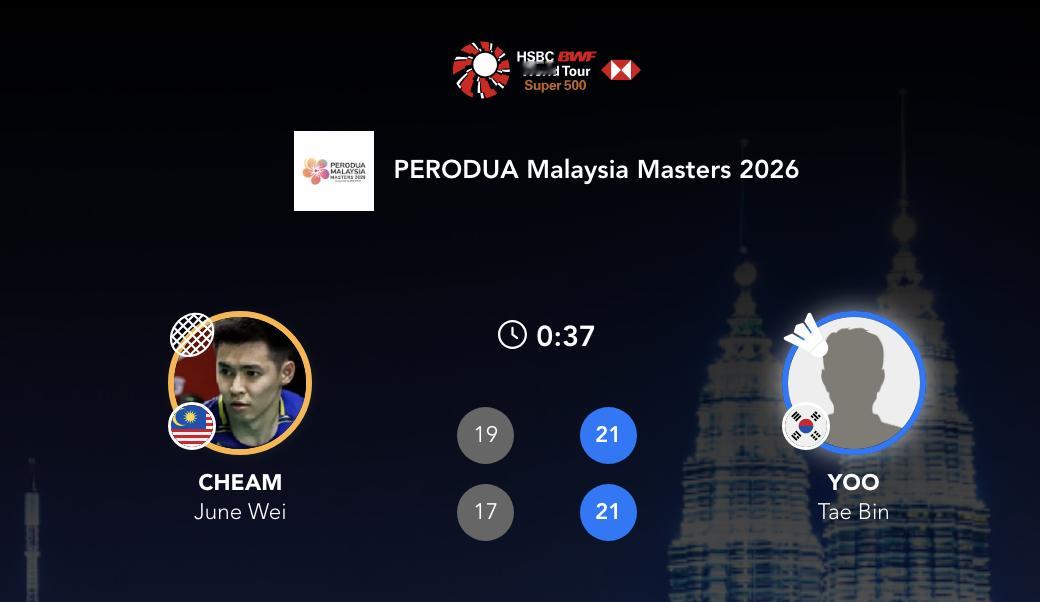 俞泰彬🇰🇷 21-19、21-17 🇲🇾詹俊为正赛：俞泰彬🇰🇷 vs