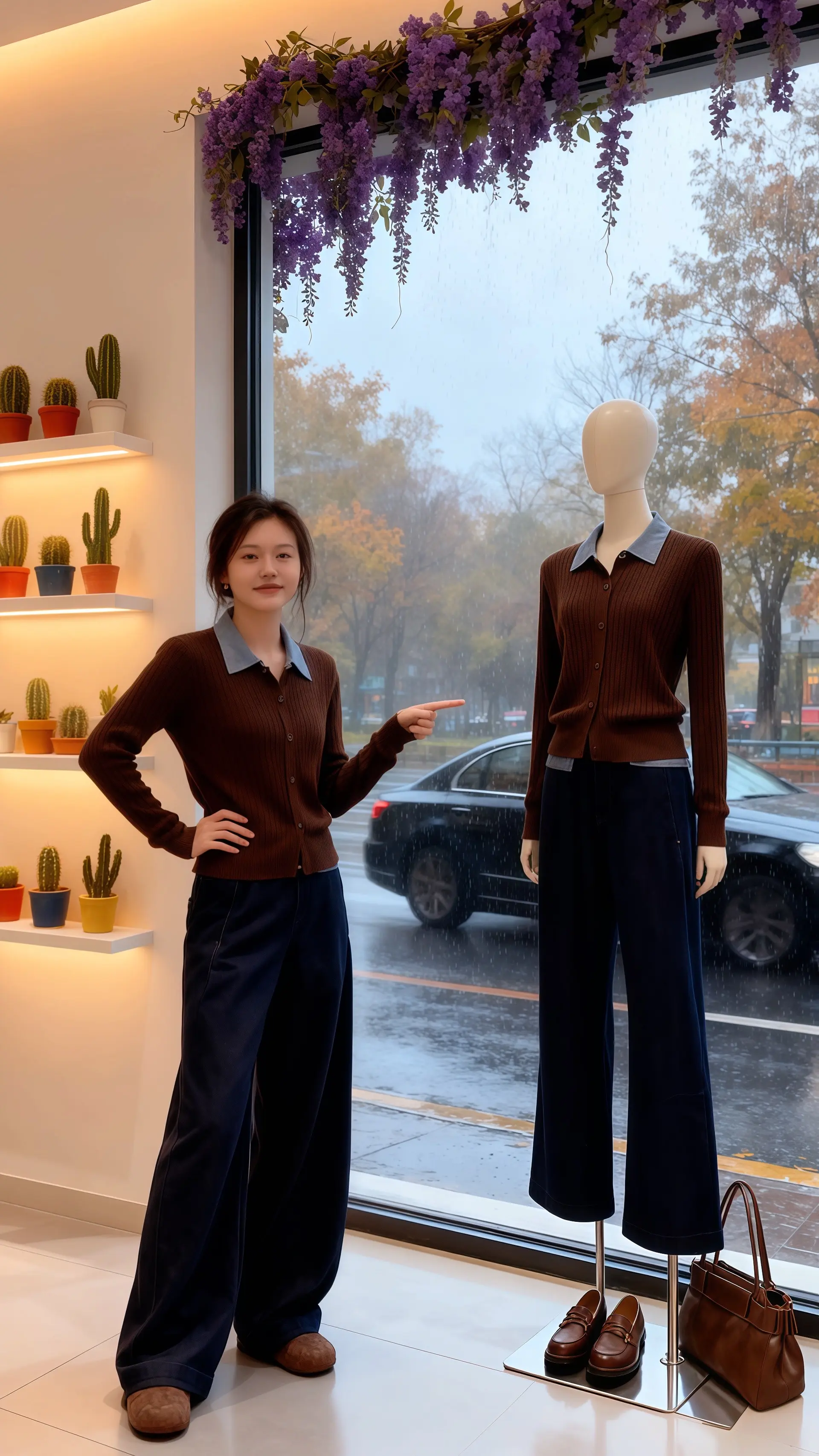 她穿着含蓄设计感拼接衬衫，领口的蓝灰色与棕色针织碰撞出低调的高级感，在...