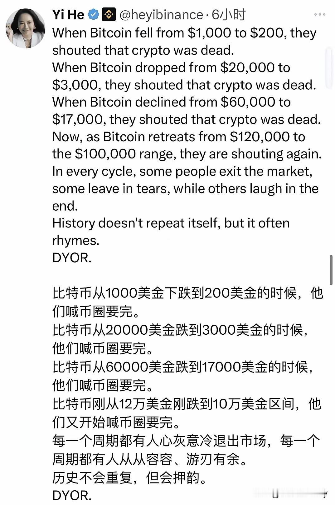 何一发文：
比特币从1000美金下跌到200美金的时候，他们喊币圈要完。
比特币