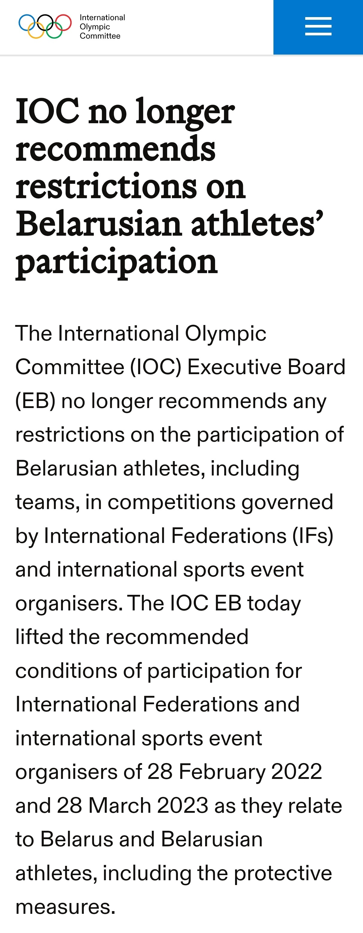 国际奥委会解除对白俄罗斯的参赛限制 