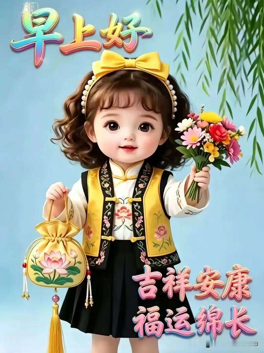 这孩子真可爱，手捧花束笑盈盈。