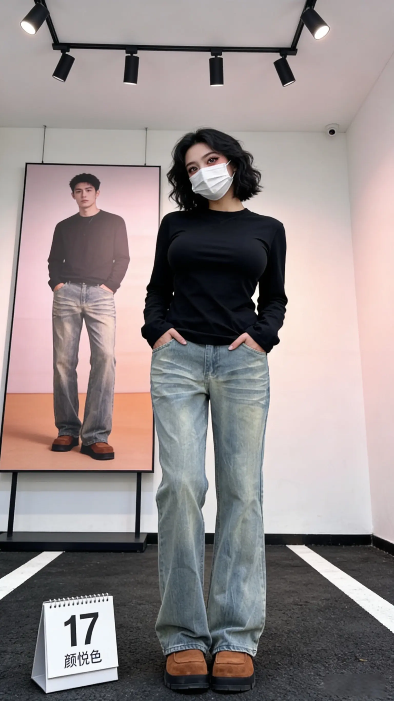 美式高街竹节纹微喇直筒牛仔裤男春季cleanfit百搭拖地裤