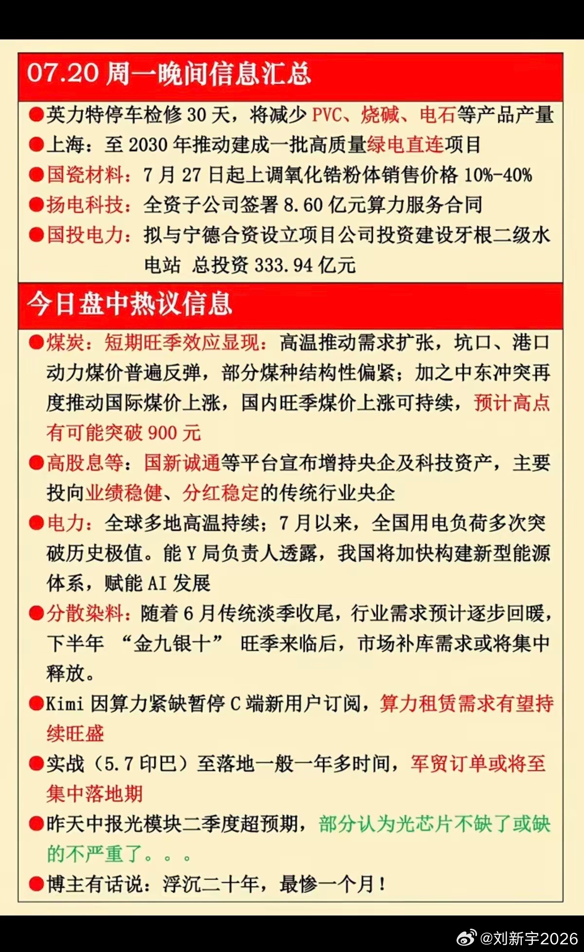 7.20周一  晚间：财经热点信息参考！1.烧碱、PVC2.绿电直连3.煤炭4.