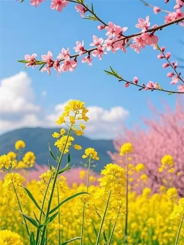 春日花海，粉樱与金黄相映成趣，美不胜收！🌸🌼