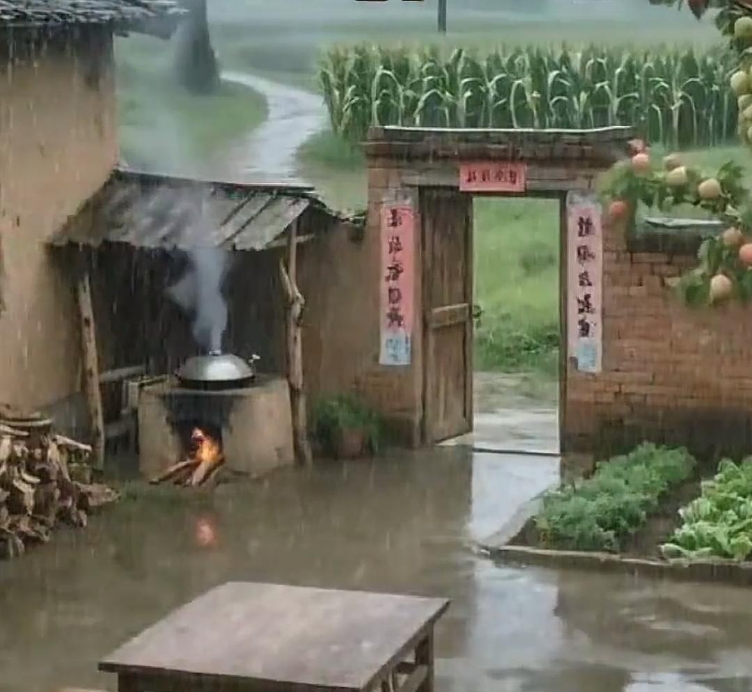 雨中的乡村生活，柴火灶冒着烟，宁静而温馨。锅里炖的小鸡🐥，你愿意在农村这样生活