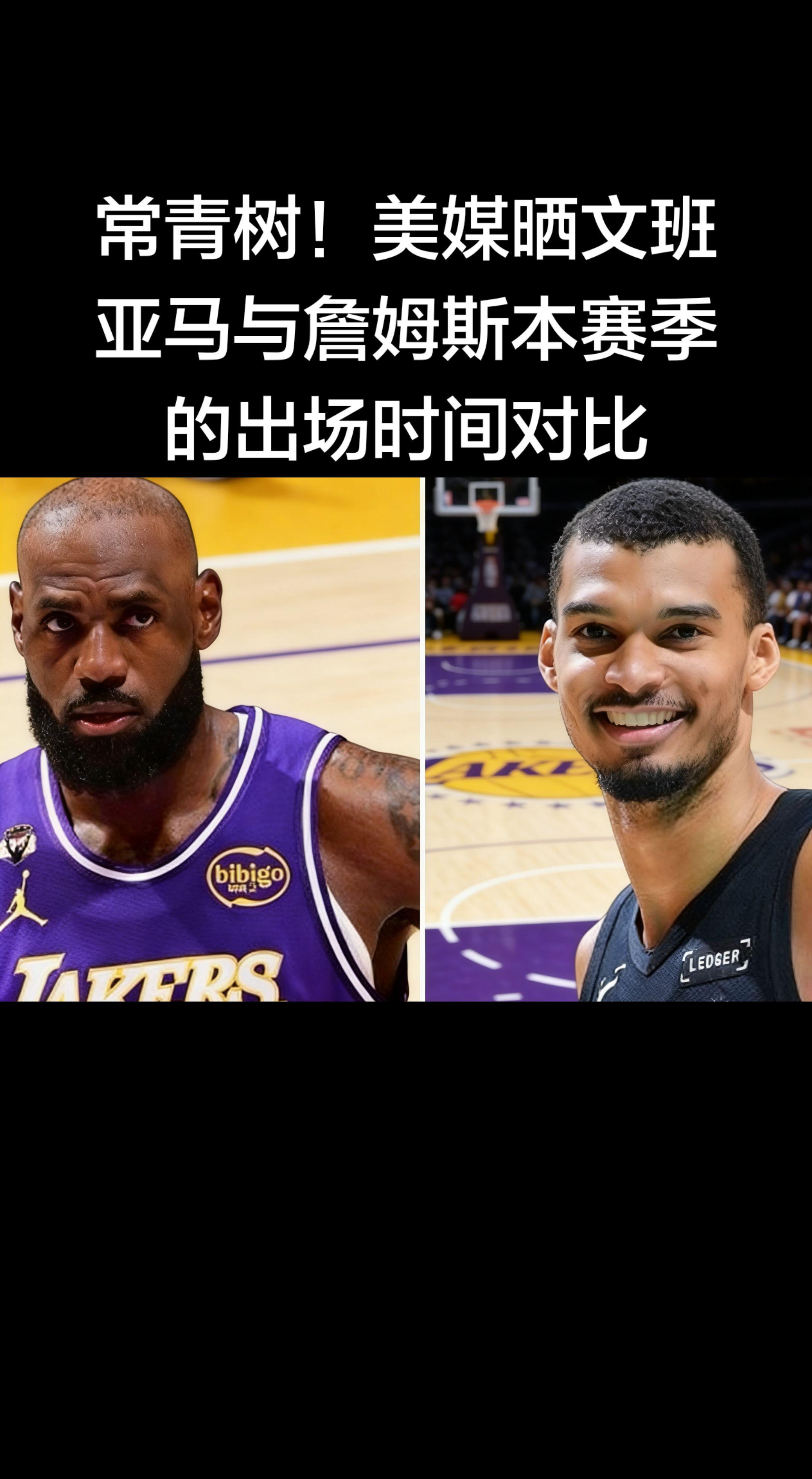 美媒PolymarketHoops晒出本赛季出场时间对比，詹姆斯178...
