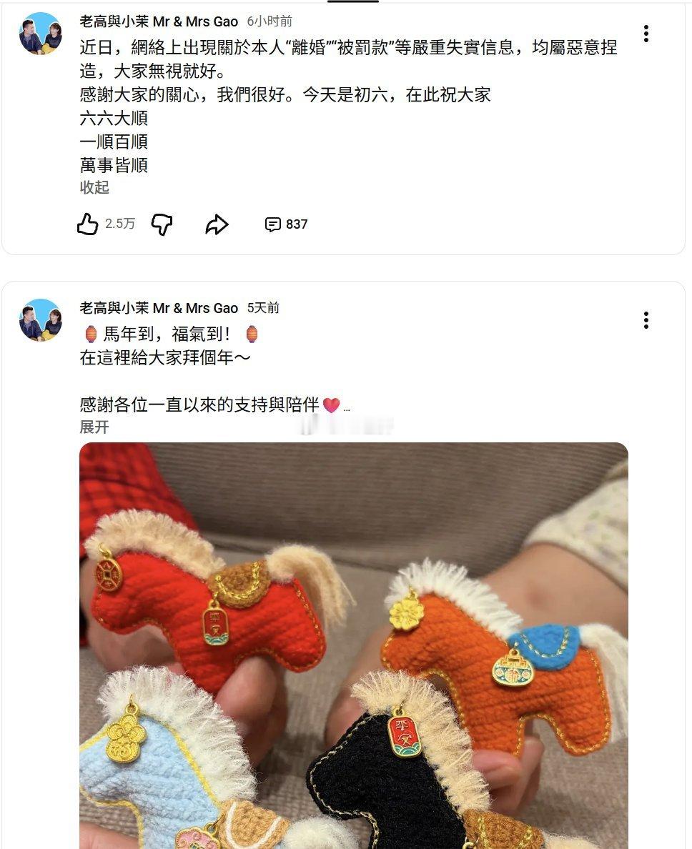 老高与小茉辟谣 “被远洋捕捞”近日，YouTuber“老高与小茉”被爆出疑似被远