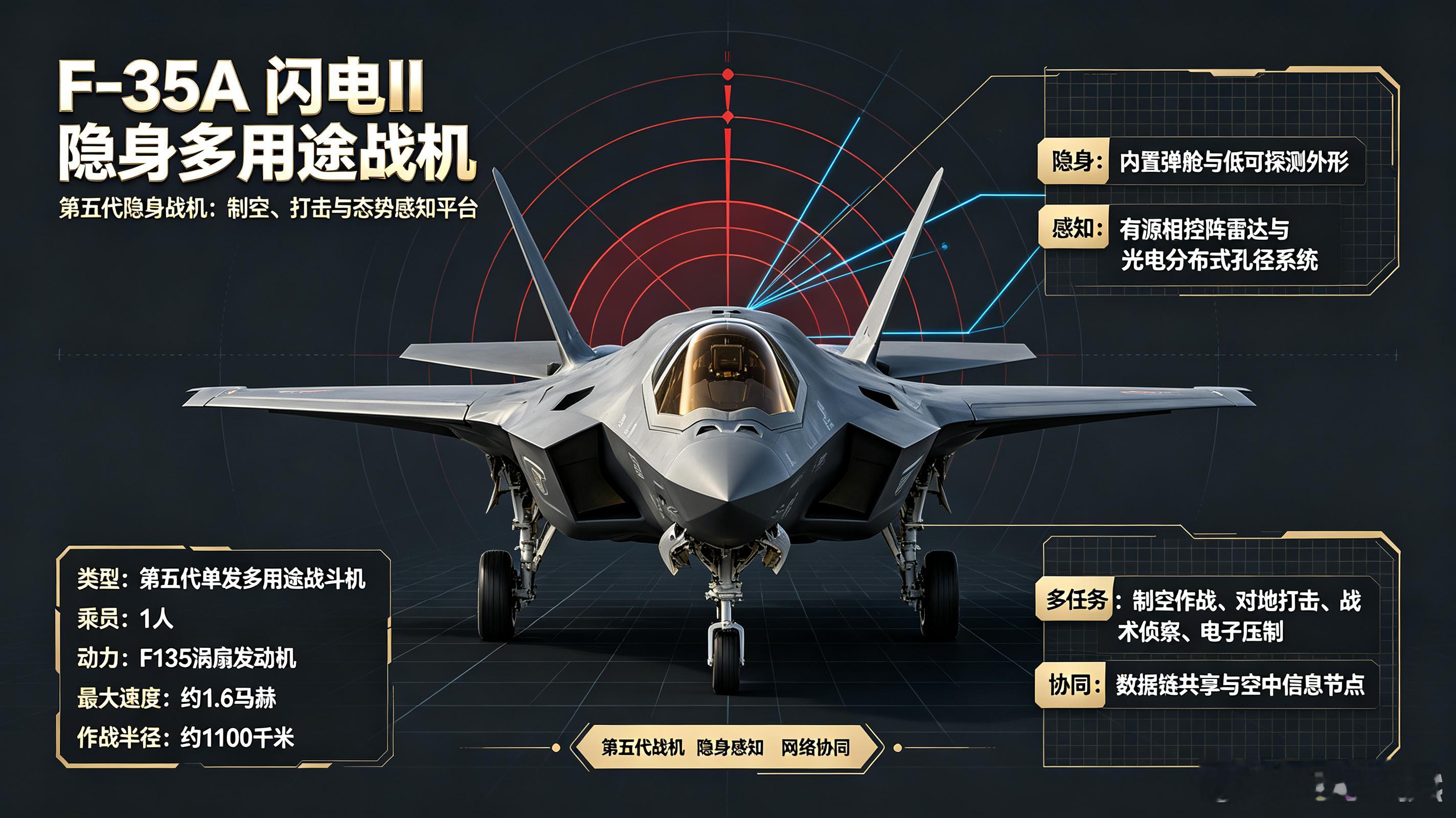 F-35A“闪电II”是第五代单发隐身多用途战机，重点围绕制空作战、对地精确打击