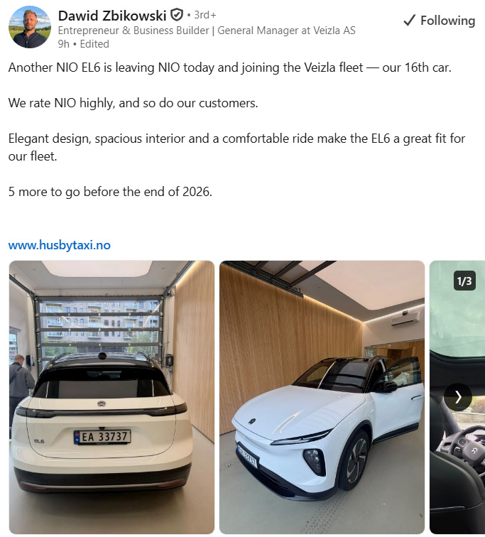 挪威一家出租车公司又提走了一辆 NIO EL6。Veizla 的负责人说，这是他