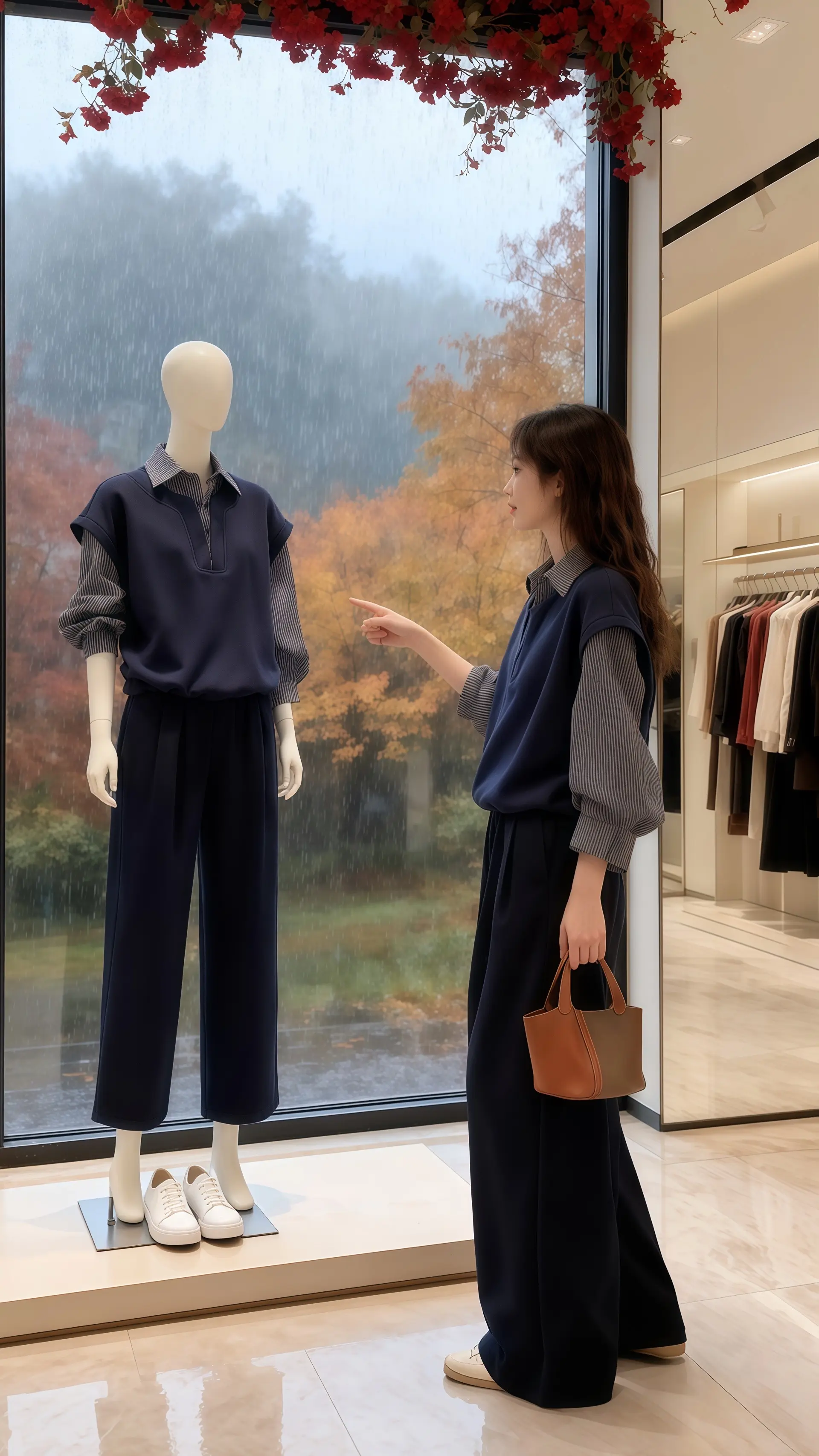 她穿着一件气质拼接格子衬衫，藏蓝色的假两件设计在高级女装店的暖光下更显...