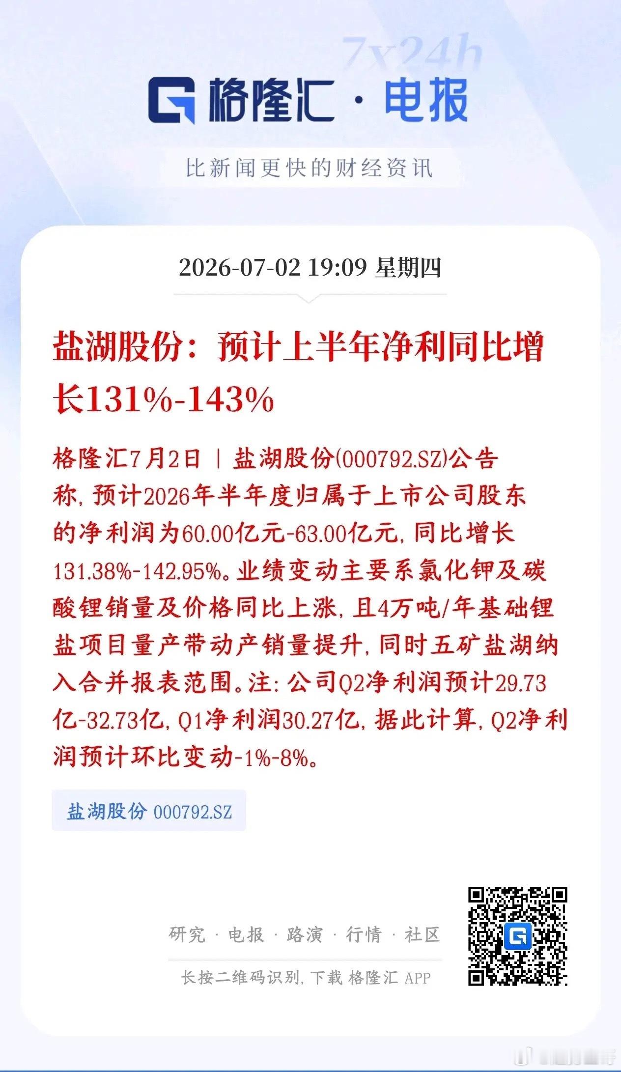 锂龙头公布业绩，符合预期，明天锂概念板块稳了盐湖股份预告2026年上半年净利润6