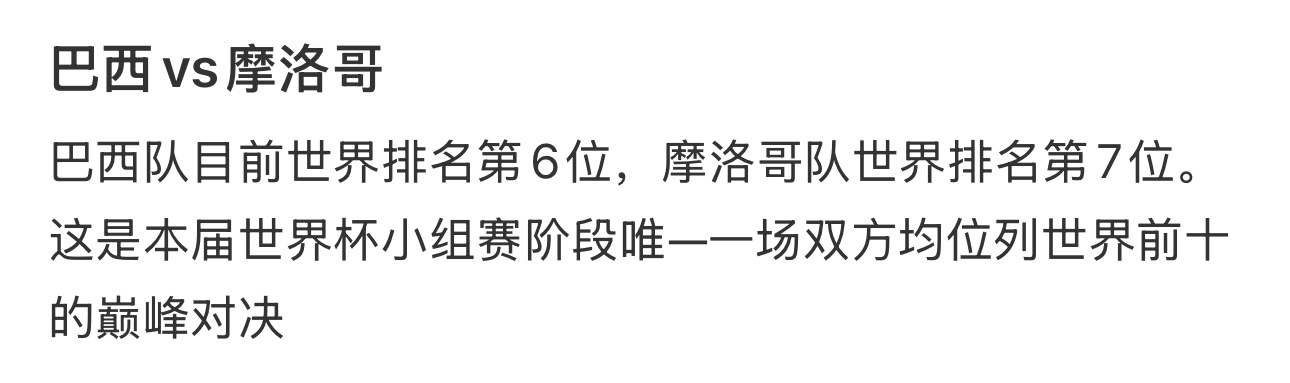 冷知识，摩洛哥世界排名第7，仅仅比世界排名第6的巴西低一名巴西醒醒 这是世界杯摩