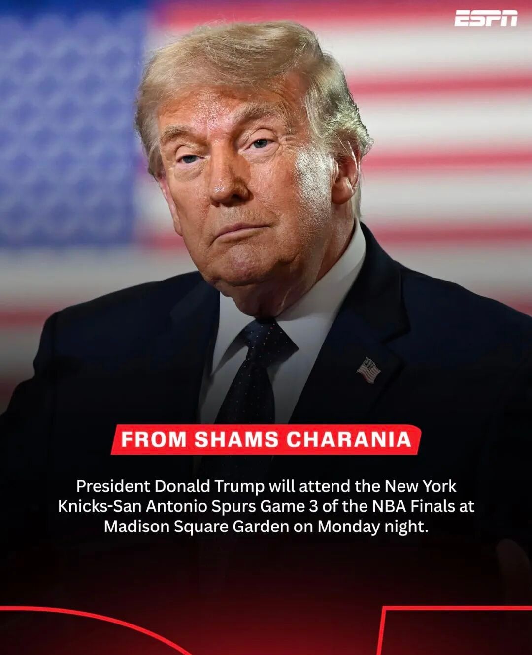 重磅！美国总统特朗普将现身麦迪逊广场花园，观战NBA总决赛G3的比赛。值得一提的