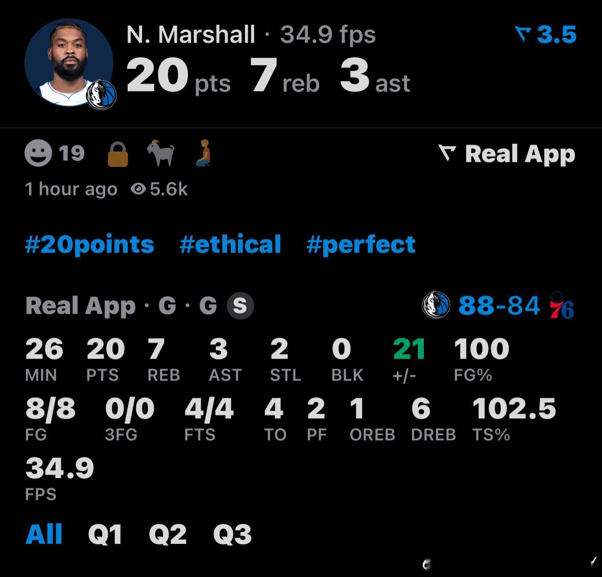 马绍尔今天抛投+上篮，8中8一个不丢啊76人vs独行侠独行侠vs76人