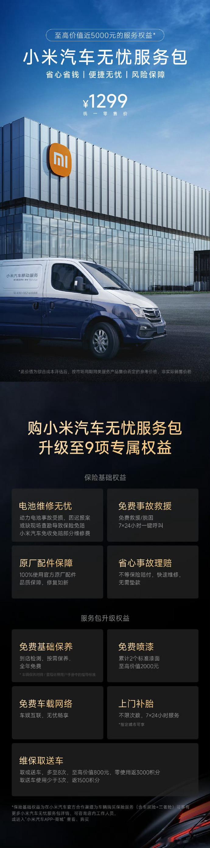 小米汽车今天上架了无忧服务包，一共包含了9项权益，价格1299元，不过上门补胎只