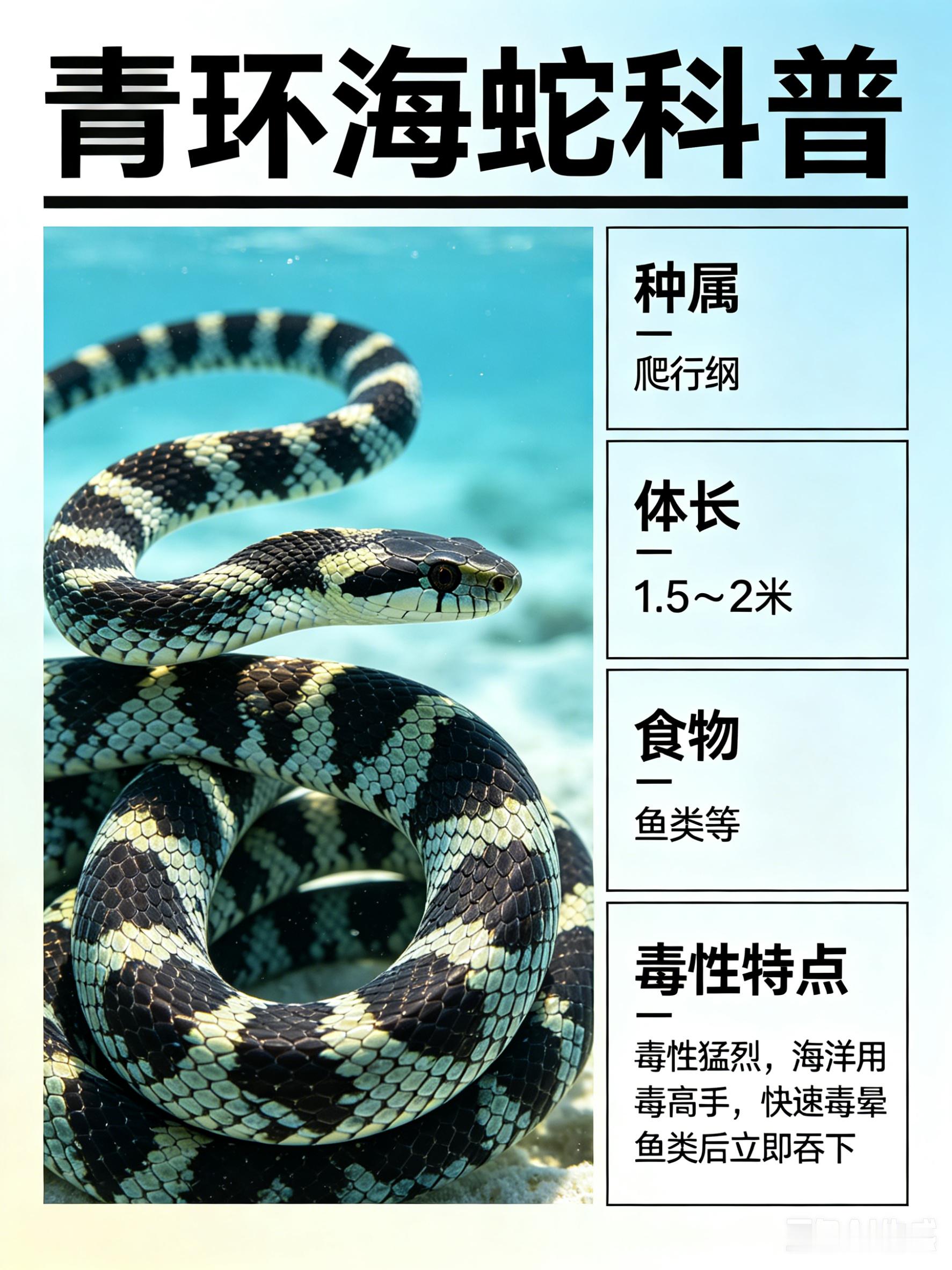 海洋朋友圈 青环海蛇海洋档案种　属：爬行纲体　长：1.5～2米食　物：鱼类等青环