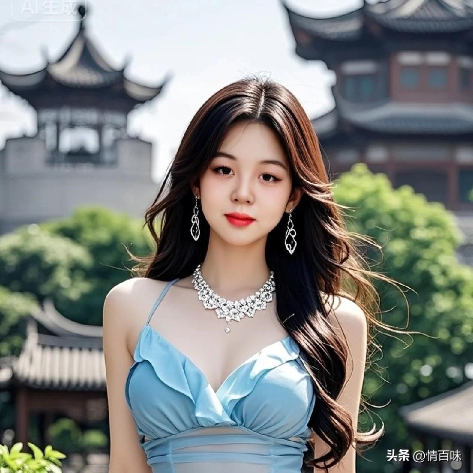 高清美女，带着我女朋友，夏天去游玩。她的优雅少女，蓝裙飘逸，珠宝闪耀。AI随心绘