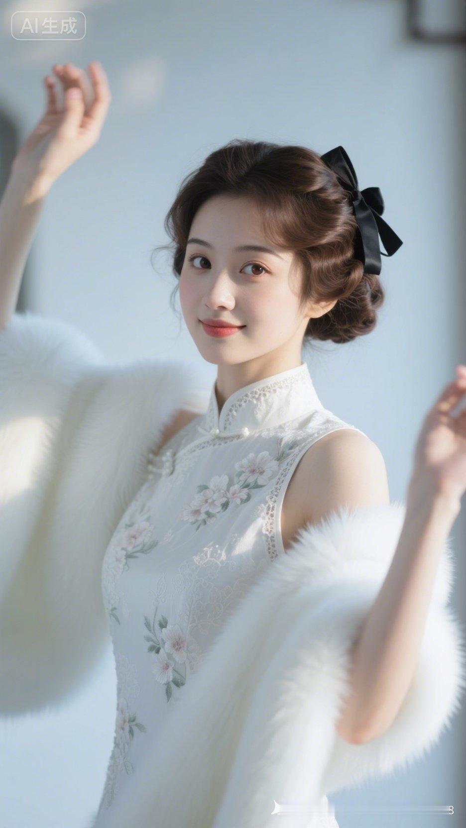 优雅复古风，黑白蝴蝶结发饰，精致刺绣旗袍，复古妆容，完美演绎东方韵味。