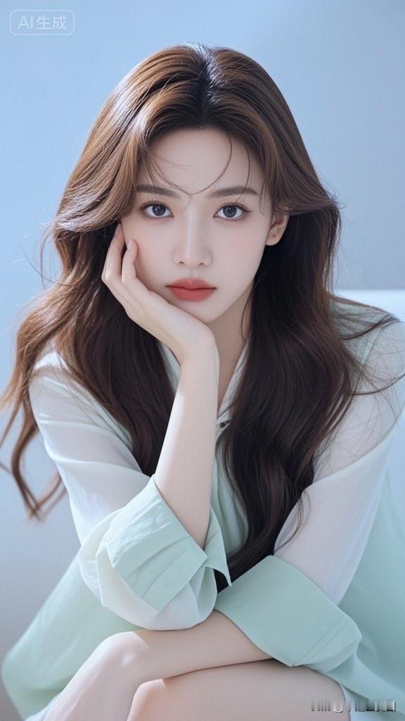 温柔甜美的少女，浅绿色衬衫，自然妆容，清新动人。