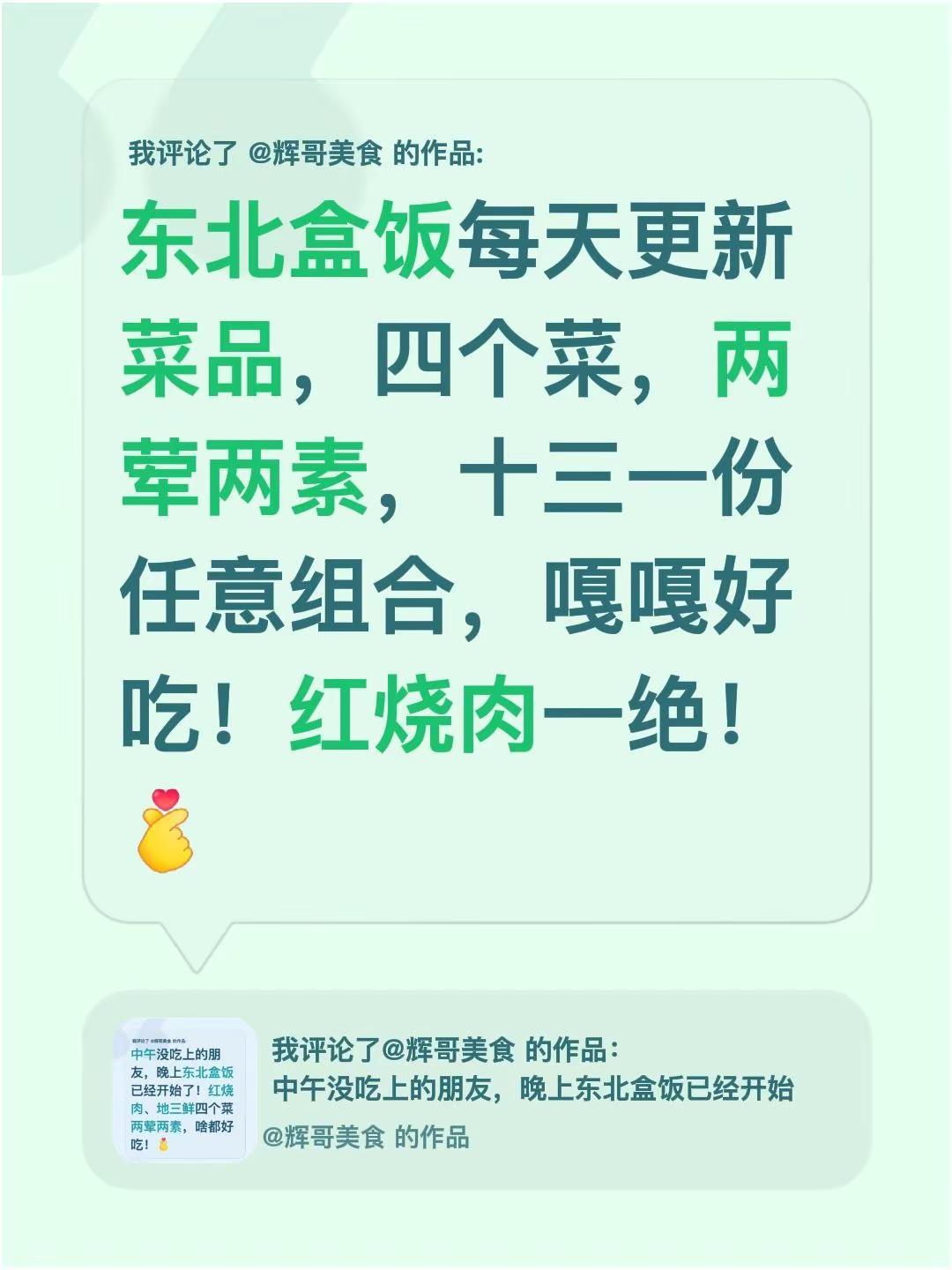 我评论了@辉哥美食 的作品：东北盒饭每天更新菜品，四个菜，两荤两素，十三一份任意
