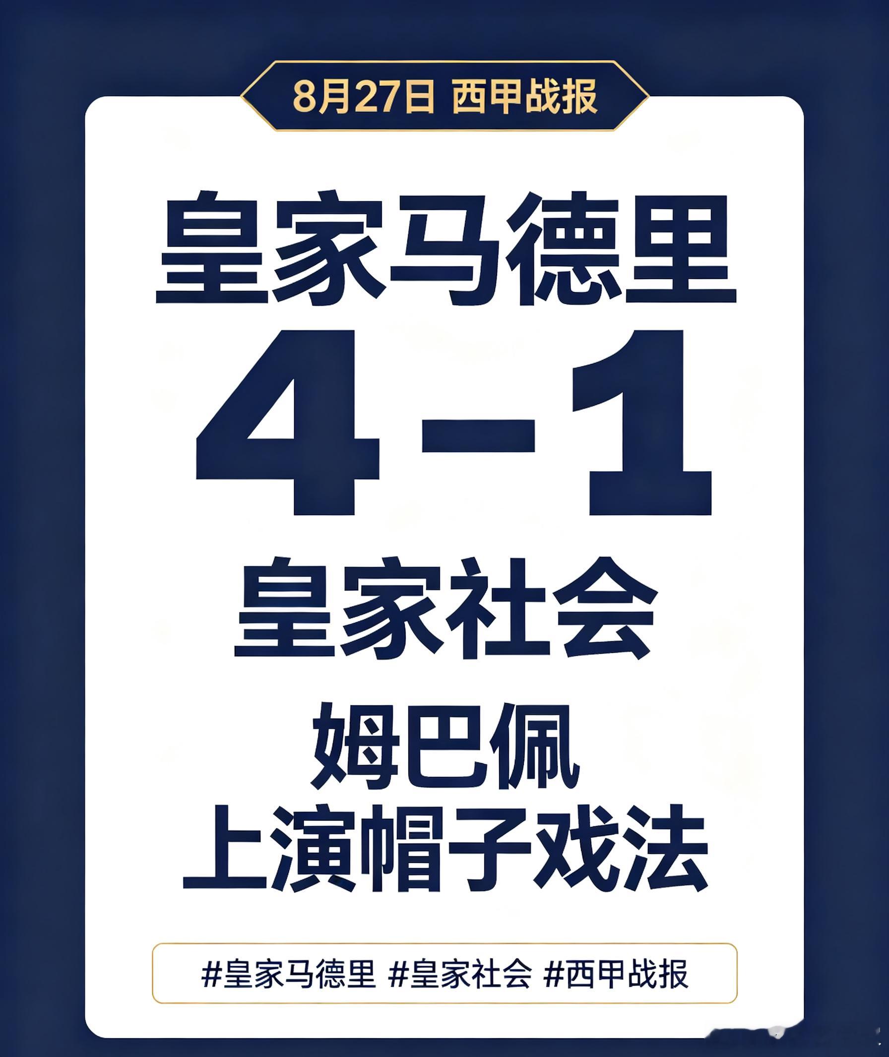 8月27日西甲战报，皇家马德里主场4‑1大胜皇家社会，姆巴佩上演帽子戏法。皇家马