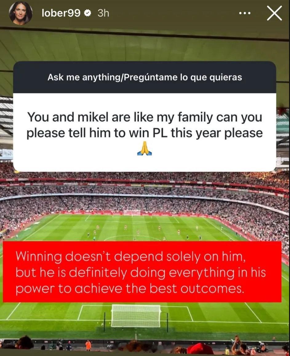 阿尔特塔的妻子Lorena在IG上发图文回应了球迷的提问，这名球迷表示“你能不能