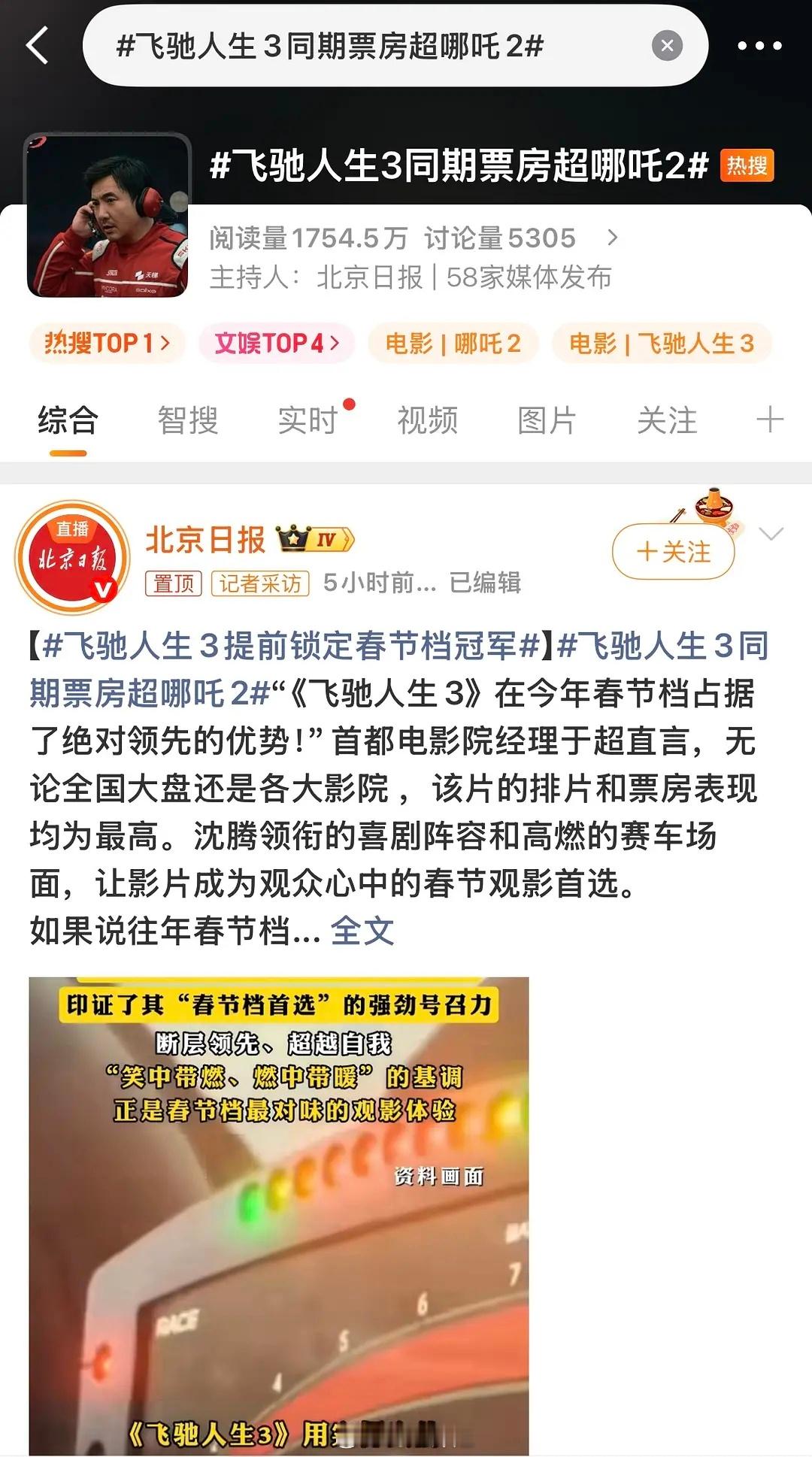 《飞驰人生3》同期票房超《哪吒2》