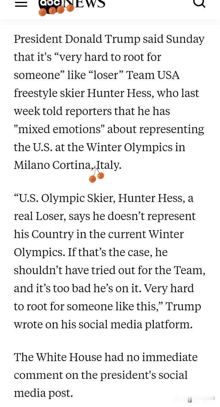 川普对美国奥运会自由滑雪运动员亨特.赫斯说的那番话做出来回应：
“美国奥运会滑雪