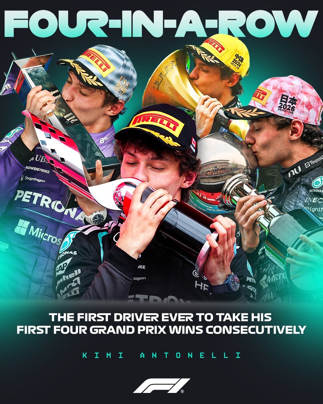 F1历史上首位以四连胜方式赢下生涯前四胜的车手2026f1加拿大大奖赛安东内利夺