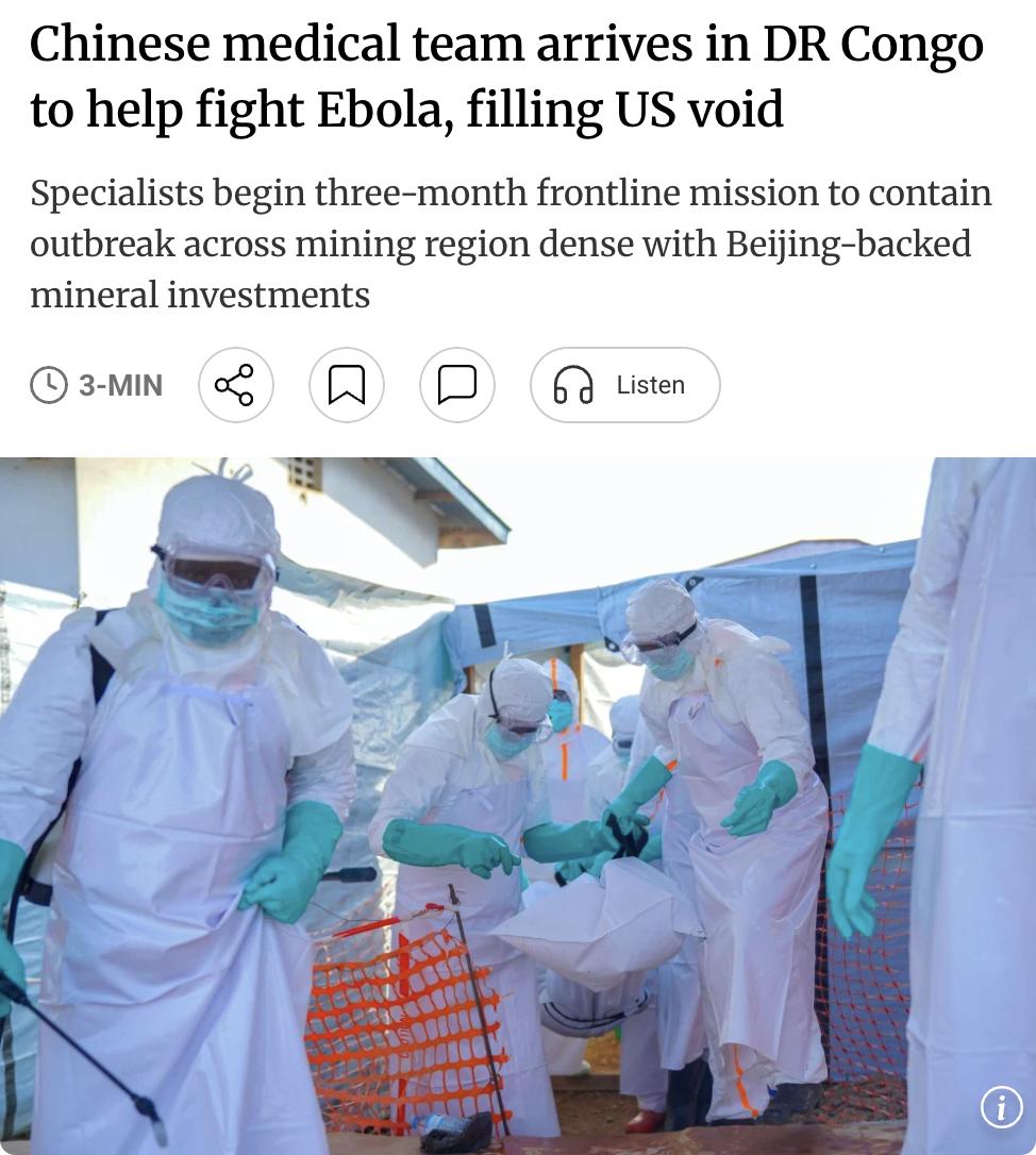 外媒：中国医疗专家组抵达刚果（金）协助抗击埃博拉疫情，填补美国留下的空白。

这
