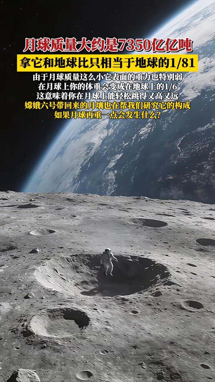 拿它和地球比只相当于地球的1/81。由于月球质量这么小，它表面的重力也特别弱，在