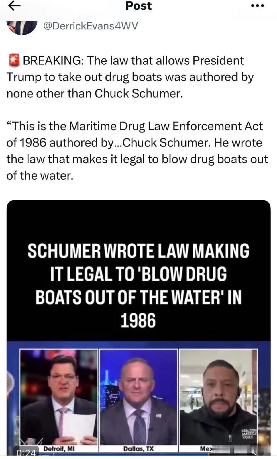 允许特朗普总统襲擊毒品船的法律是由Chuck Schumer寫的。

“这是19