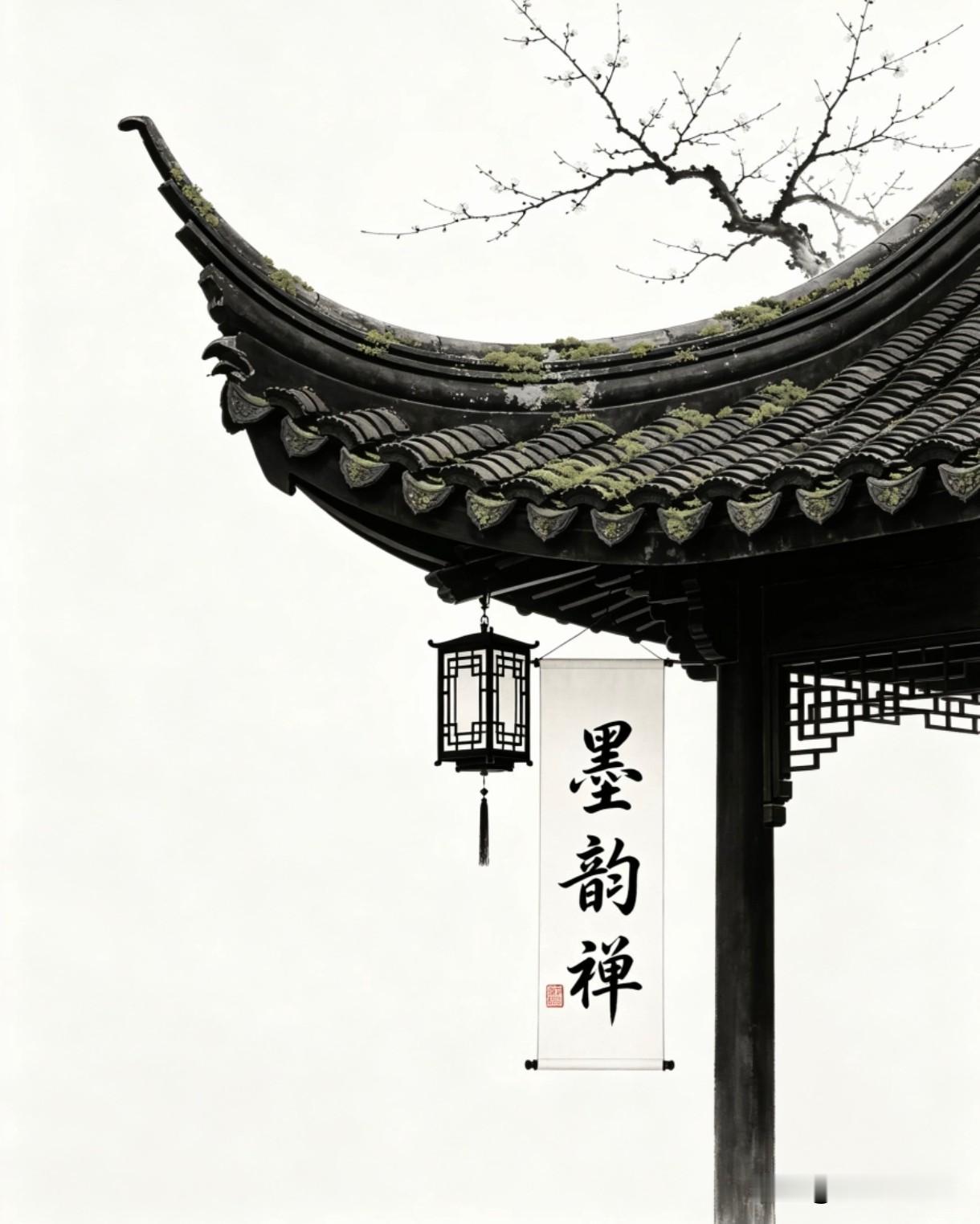 你看这张图，
真的太有东方意境了，
美得让人挪不开眼！
 
黑瓦翘角下挂着一排书