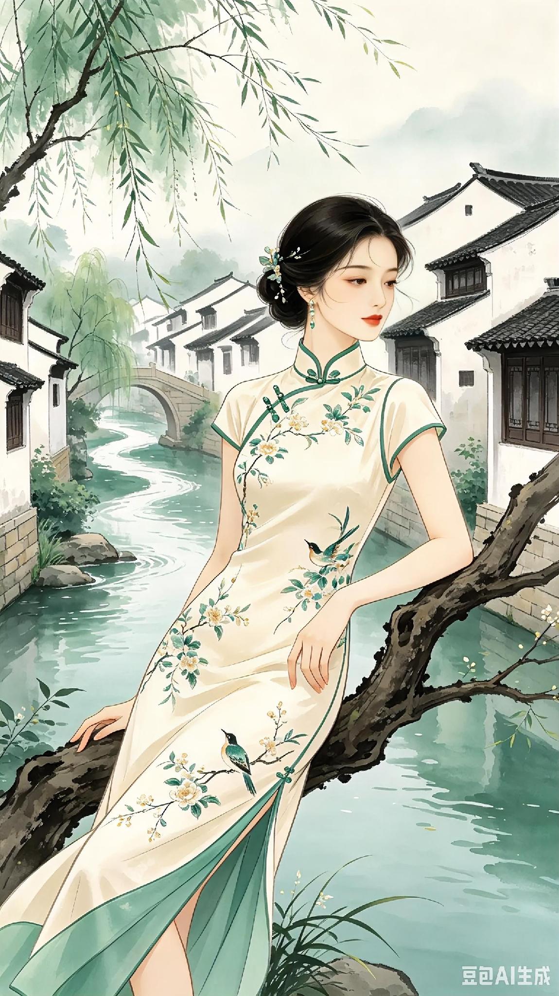一转身，
一回眸，
便是整个江南的烟雨，
都盛在了，
她盈盈的眼波里。

水墨风