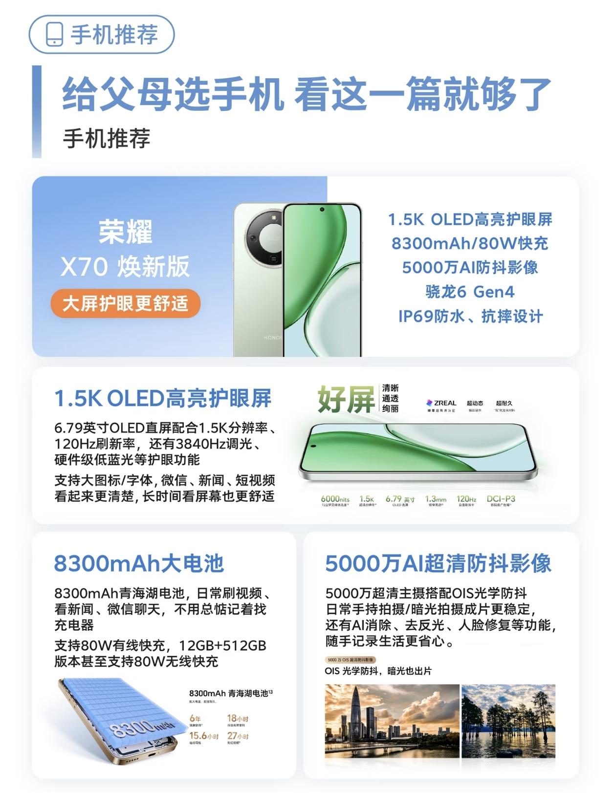 给父母的手机推荐，荣耀X70焕新版真的是一台绕不开的手机，8300mAh青海湖+