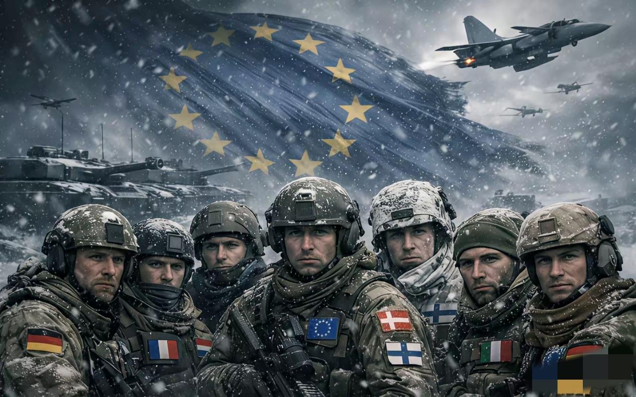 欧盟保卫格陵兰岛的宣传海报

几个欧盟士兵站在风雨中

背景是残破的欧盟旗，天上