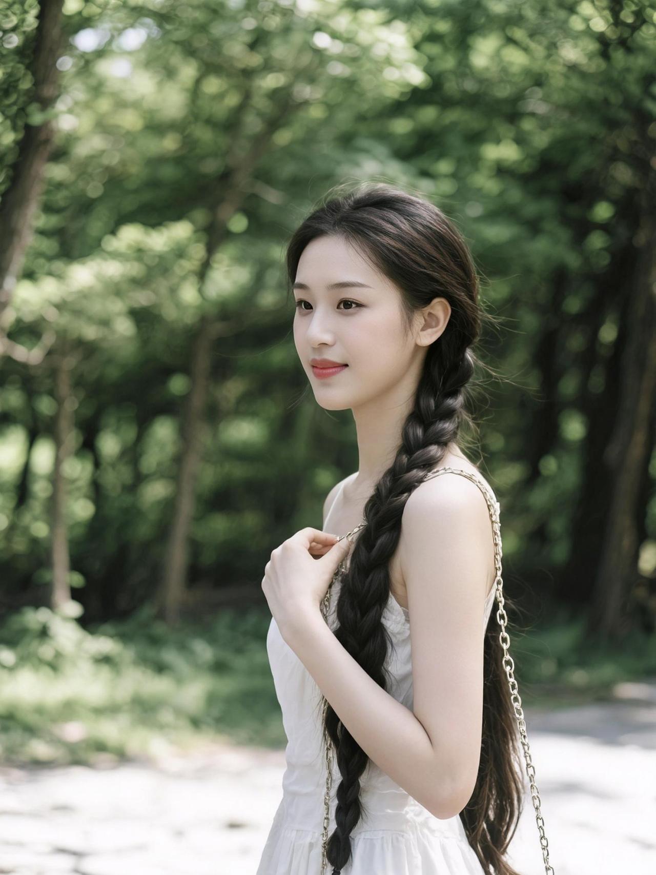 这阳光透过树叶洒下来，感觉像大自然开了个美颜滤镜，连空气都自带柔光效果。她站在那